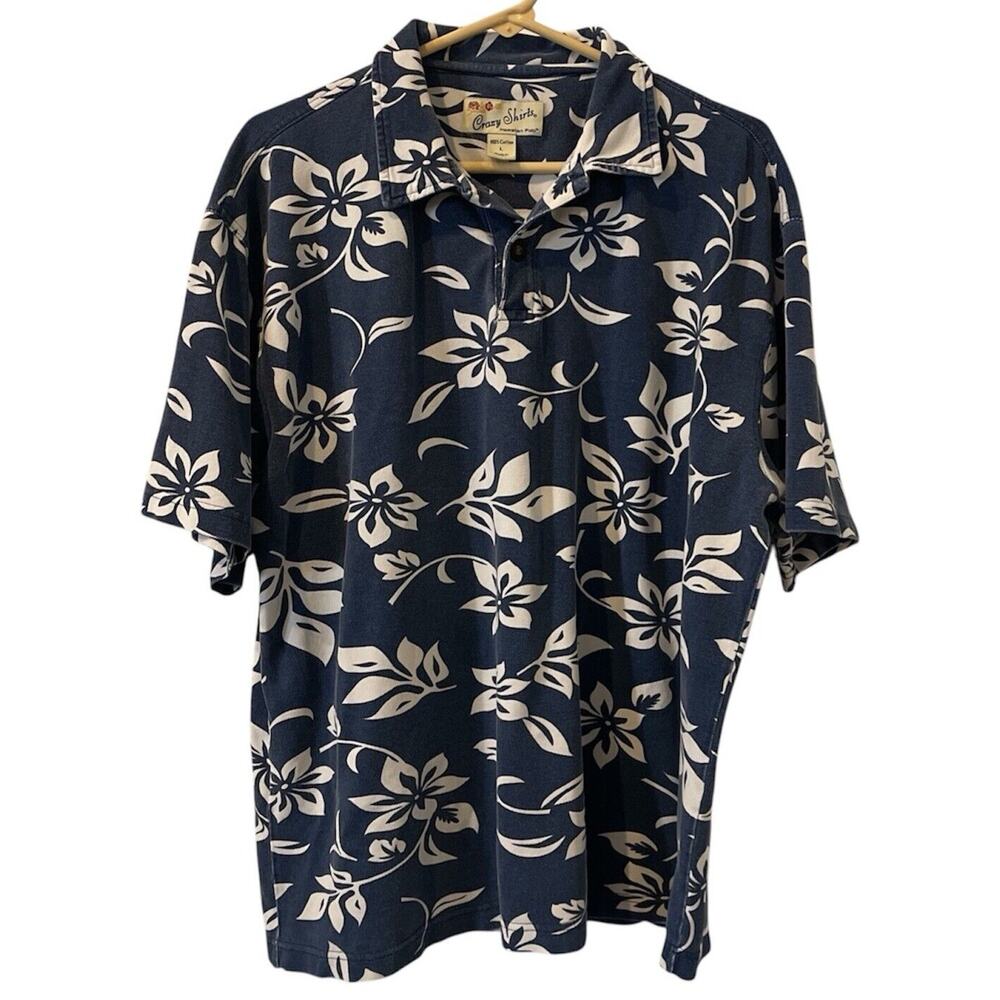 Crazy Shirts Hawaiian Polo Shirt XL Men’s Blue White Floral Short Sleeve